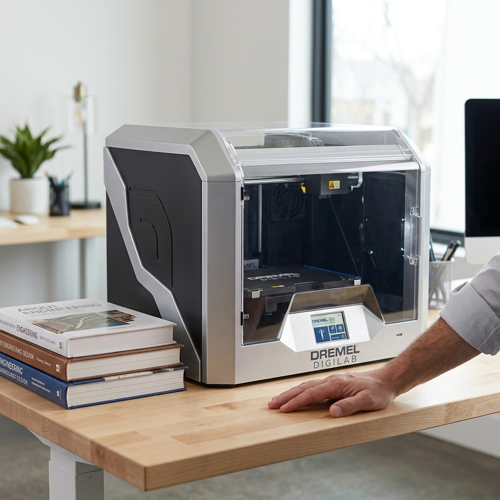 A scale reference shot of the Dremel DigiLab 3D40-FLX 3D printer on a desk with books and a human hand.