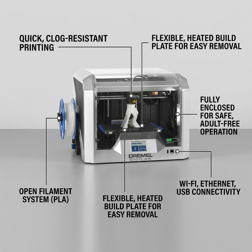 A product feature graphic showcasing the Dremel DigiLab 3D40-FLX 3D printer with key operational highlights.
