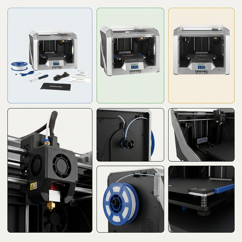 A multi-angle configuration matrix showing the generic Dremel 3D40-FLX printer from various perspectives.
