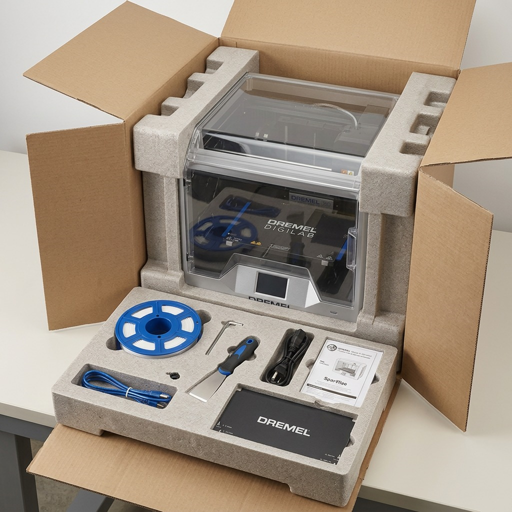 Premium unboxing scene showing the Dremel DigiLab 3D40-FLX printer securely nestled in form-fitting foam protection.