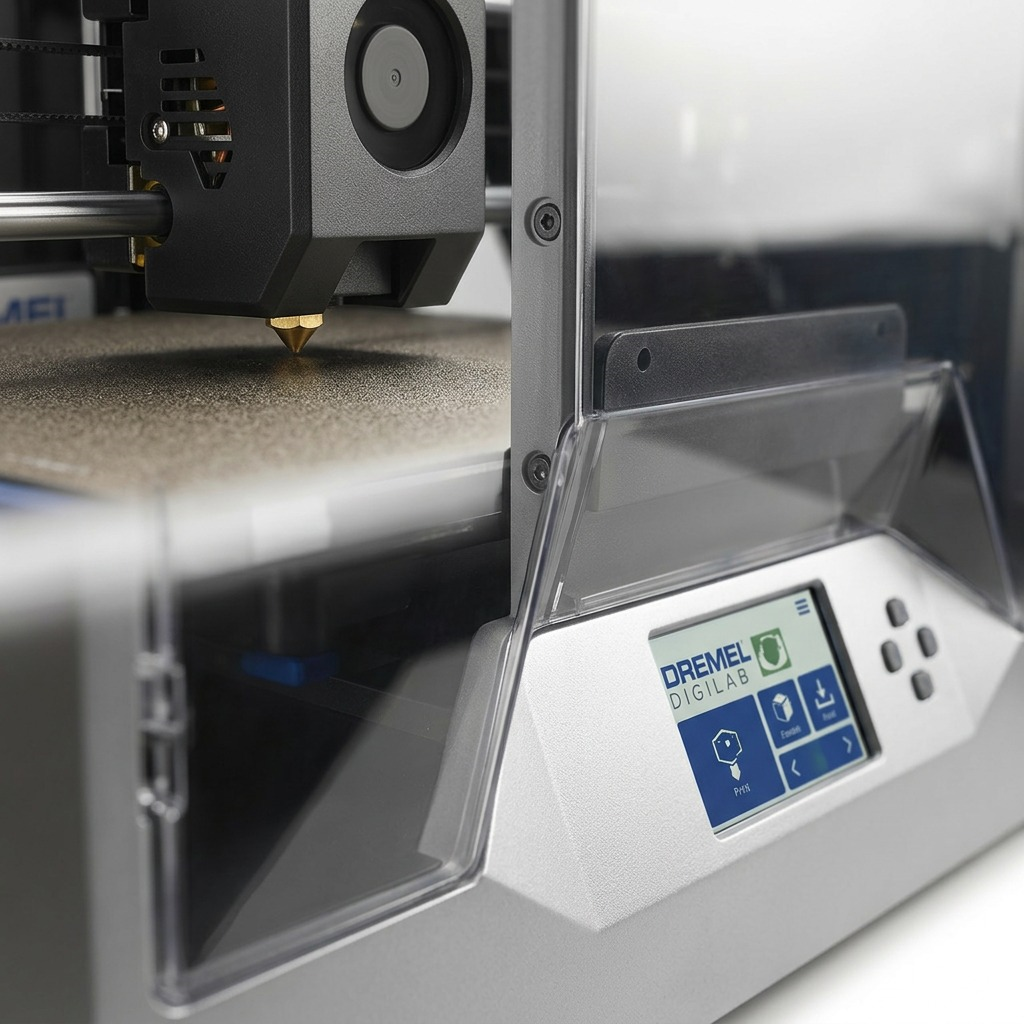 Macro view of the Dremel DigiLab 3D40-FLX print head brass nozzle and touchscreen interface.