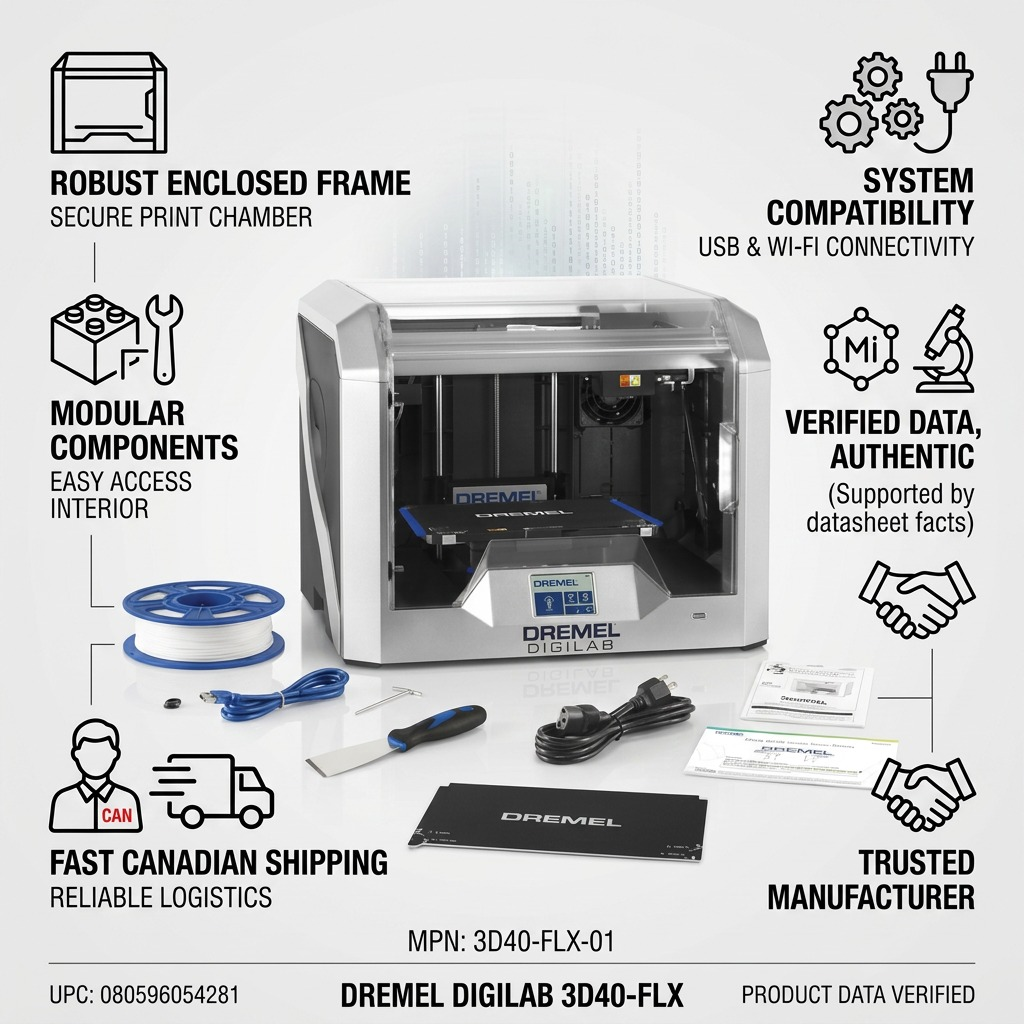 ~ Trust and authority infographic for Dremel DigiLab 3D40-FLX printer with shipping and spec details.
