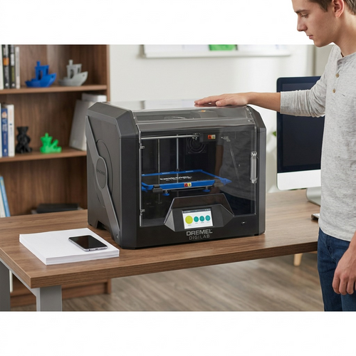 Dremel DigiLab 3D45 3D printer shown with a person and desk items for scale reference.