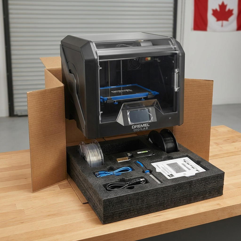 Unboxing view showing a Dremel DigiLab 3D45 printer securely seated in customized foam packaging.