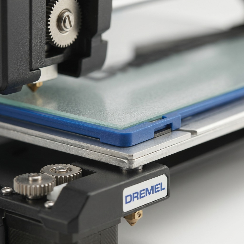 Extreme macro photograph showing the precise glass print surface and blue frame of the 3D45 3D printer. The fine texture of the heated bed coating and metal frame seams are highly detailed with shallow depth of field. 16:9 aspect ratio.