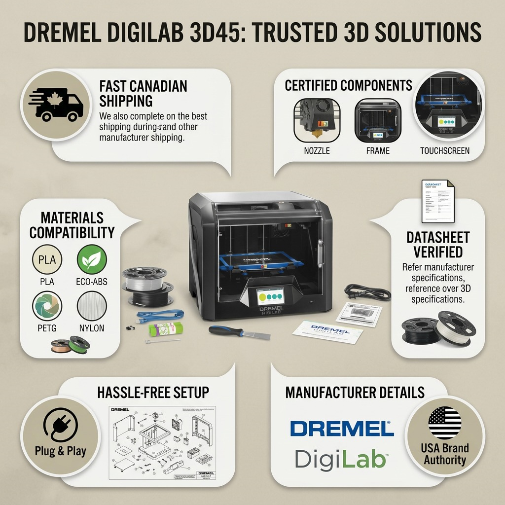 A PDP visual matrix for the Dremel 3D45, showcasing authority with icons for Canadian shipping, certified components, and specs.