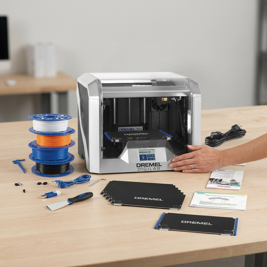 Dremel DigiLab 3D40-FLX 3D printer EDU bundle with a hand for scale on a desk.