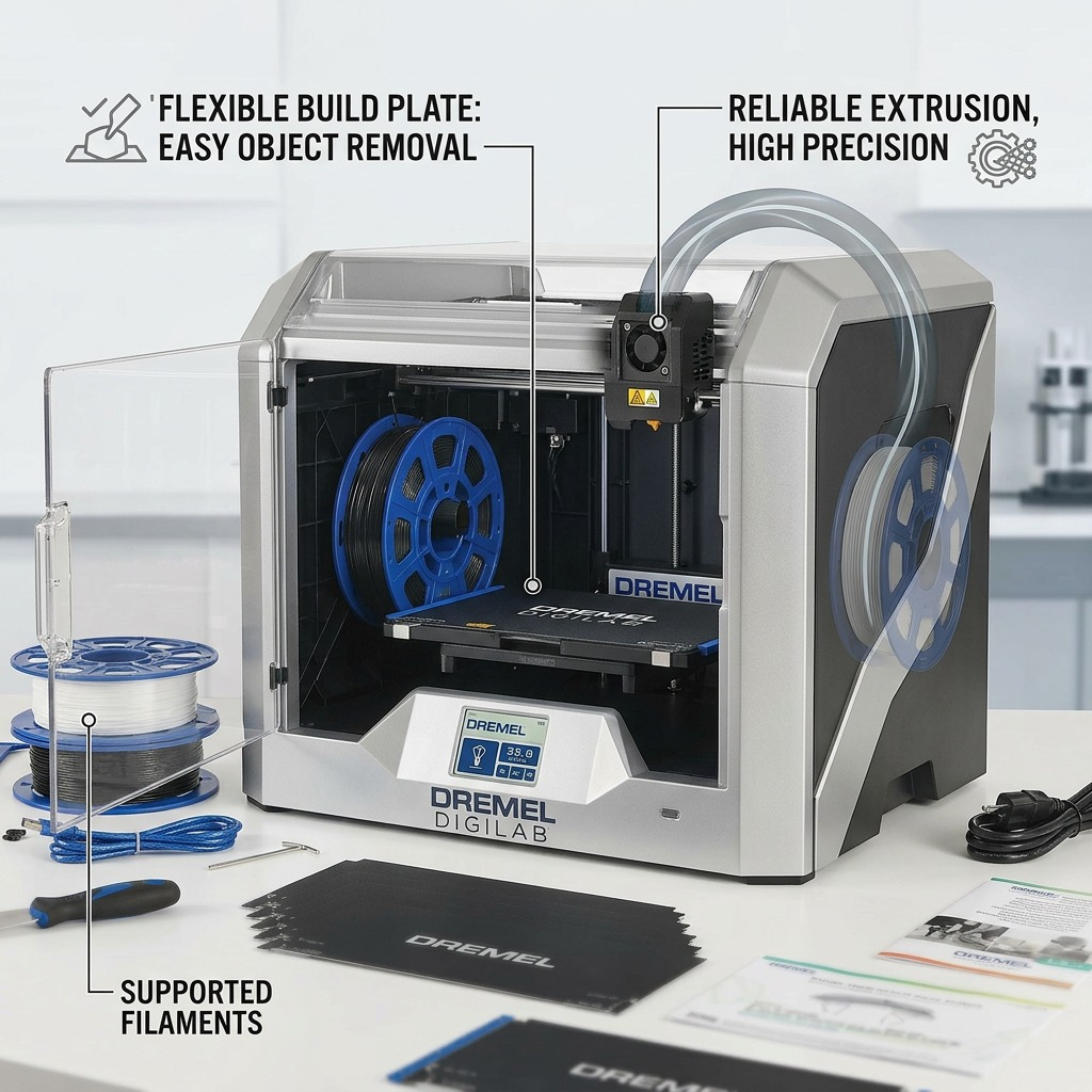 Operational features callout graphic for the Dremel DigiLab 3D40-FLX, showcasing a reliable extruder system and easy print removal.