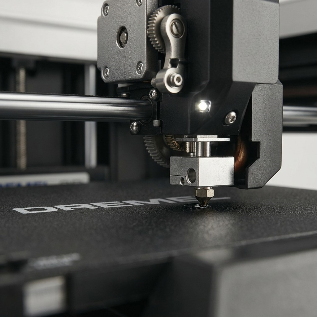 Macro close-up of the Dremel DigiLab print head and build plate texture.