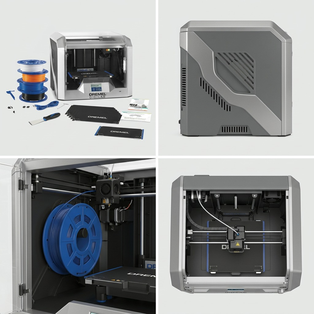 A 3/4 view in four frames of a 3D printer bundle and its multi-colored filaments.