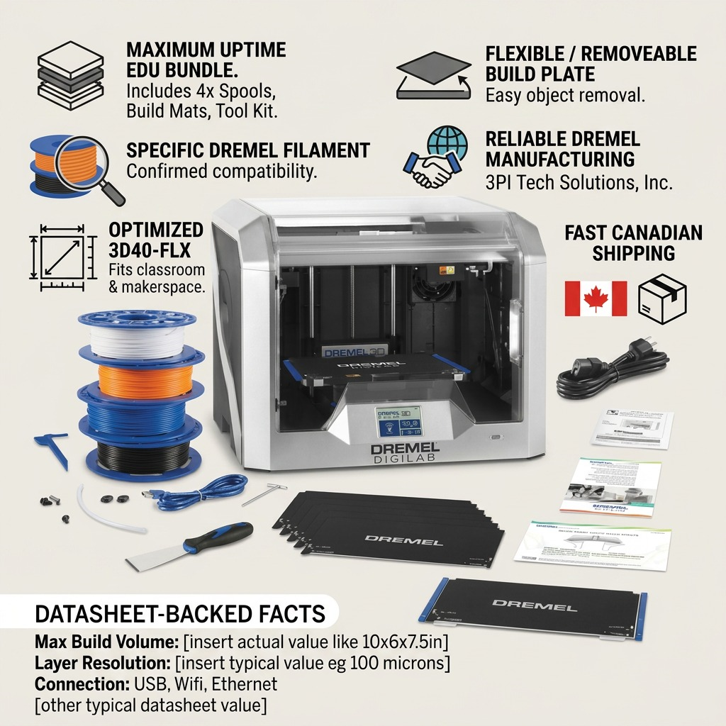 Infographic matrix for the Dremel DigiLab 3D40-FLX EDU 3D printer bundle, detailing the specific components and facts.