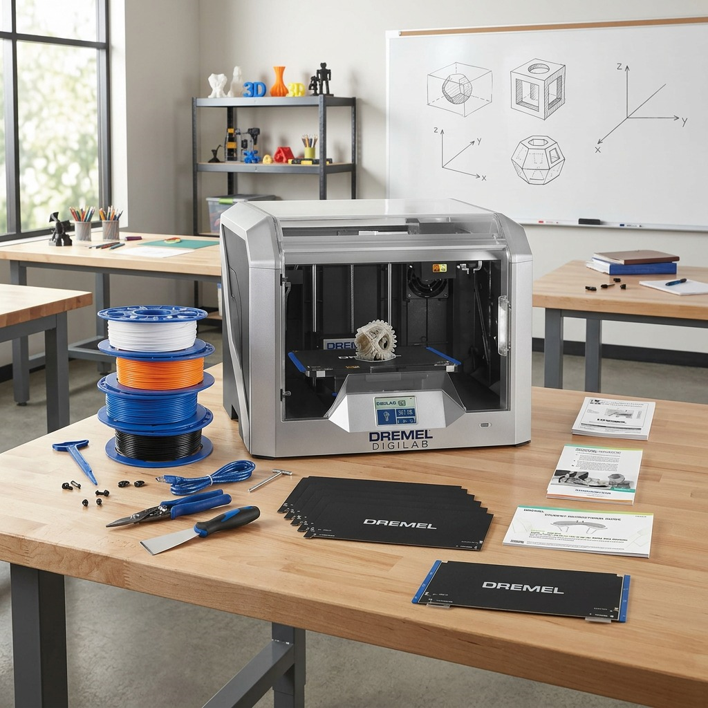 EDU 3D printer and bundle (filaments, build plates, tools) on a classroom workbench.