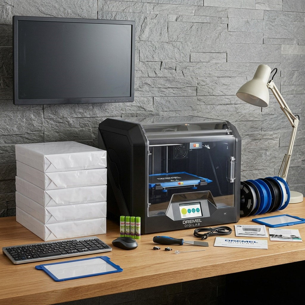 Dremel DigiLab 3D45 3D Printer on desk with printer paper and a keyboard, showing true size.
