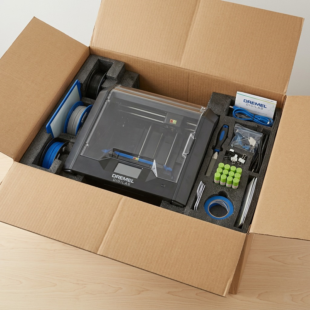 A premium unboxing view of the Dremel 3D45-EDU 3D printer with its accompanying bundle neatly encased in protective molded foam inserts within a shipping carton.