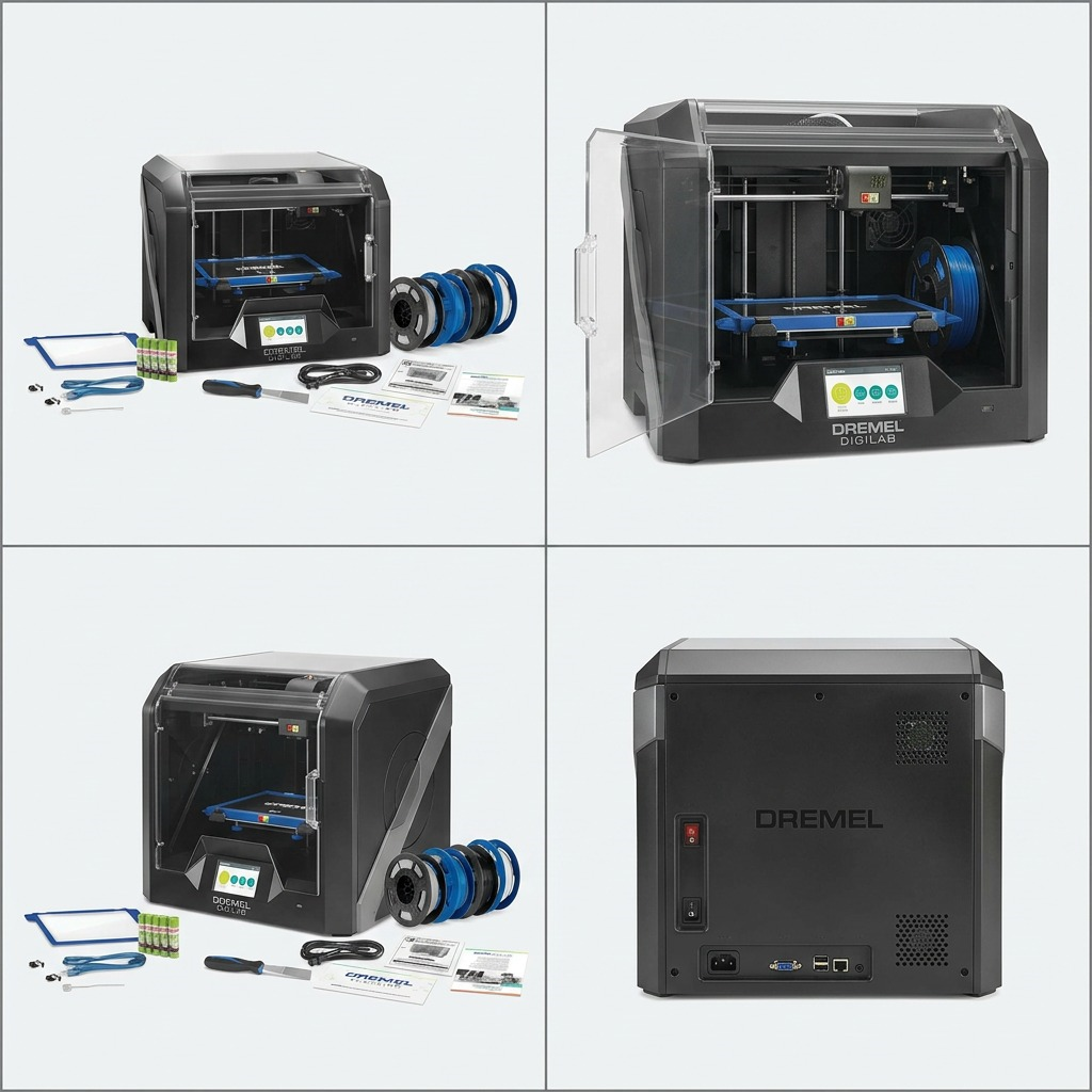 A comparison grid shows the 3D45-EDU printer from four angles, with an open door configuration in one view.