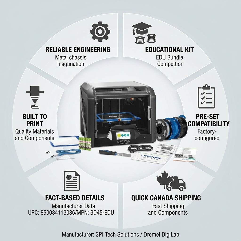 Dremel DigiLab 3D45-EDU 3D Printer bundle info including reliability, education kit, setup, facts, shipping