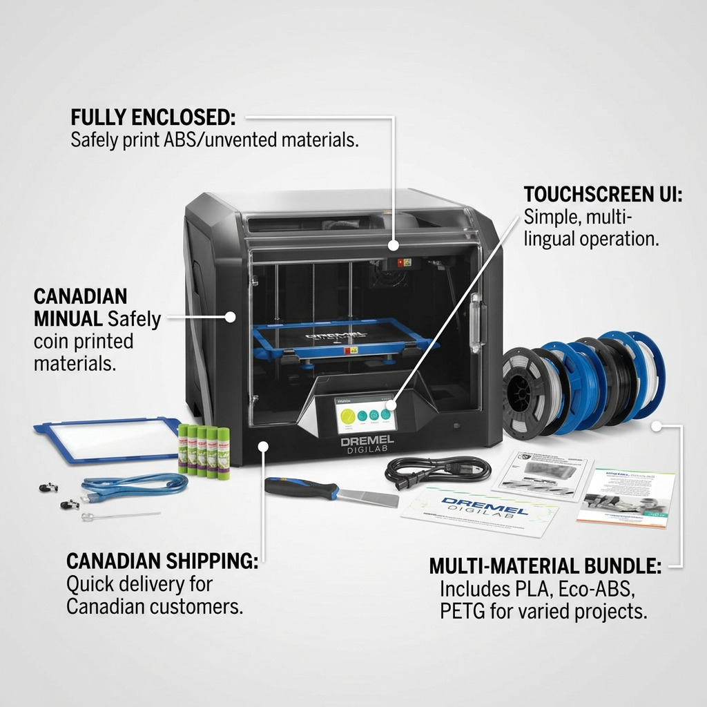 Feature callout graphic for the Dremel 3D45 EDU printer bundle, highlighting specific accessories and operational benefits.