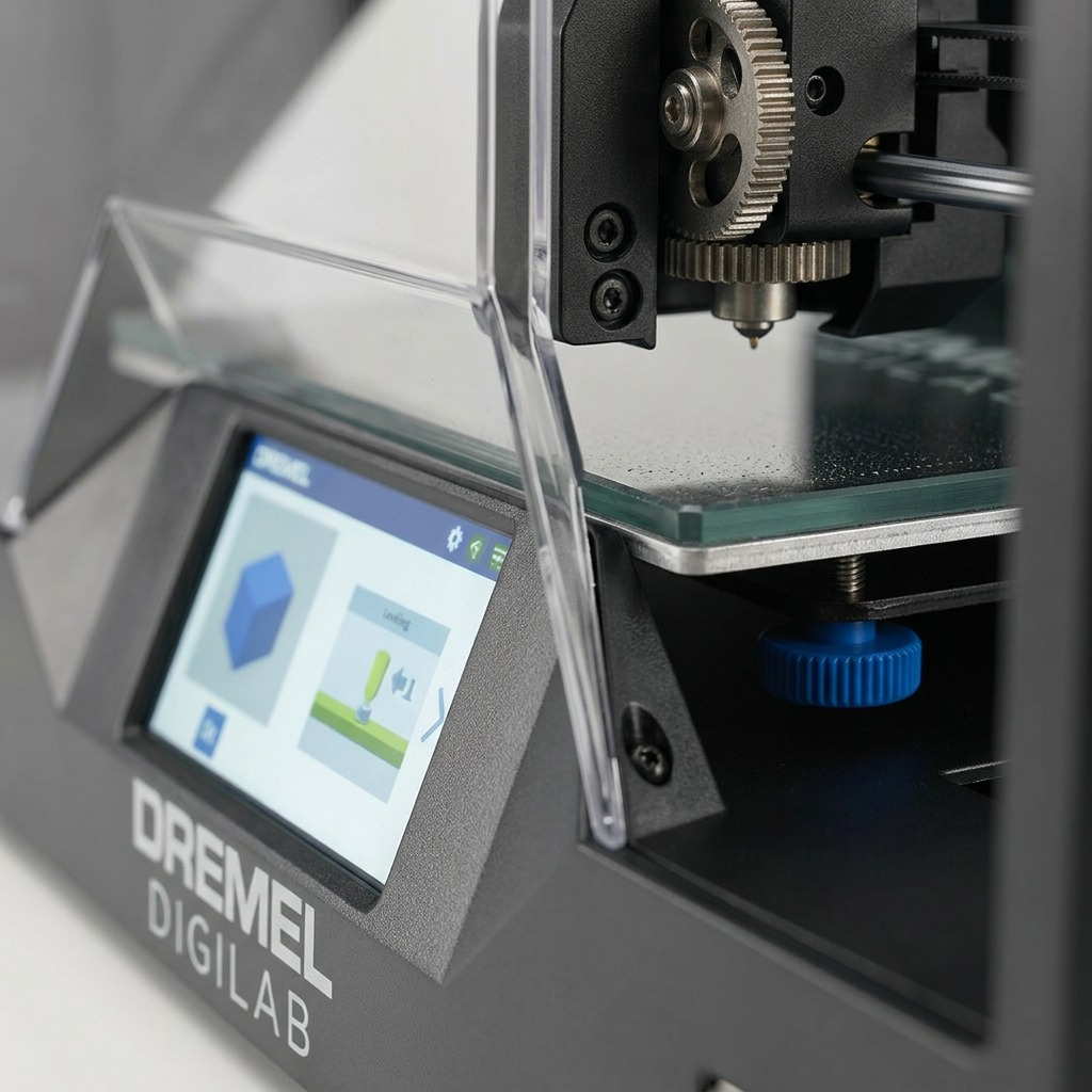 Macro inspection photograph detailing the Dremel 3D45 extruder gear, print surface texture, and touchscreen interface on neutral background.