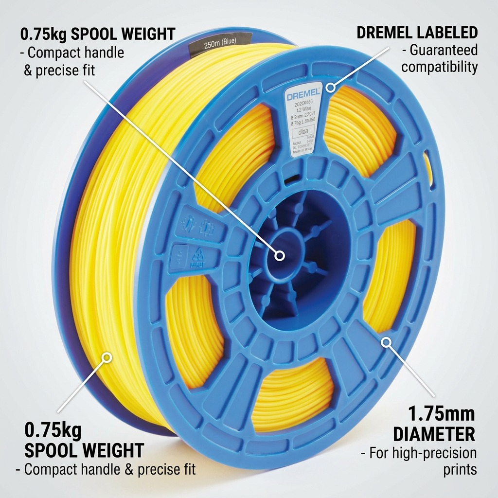 An infographic showing the 3PI PLA filament spool, highlighting 1.75mm diameter, 0.75kg weight, and the label.