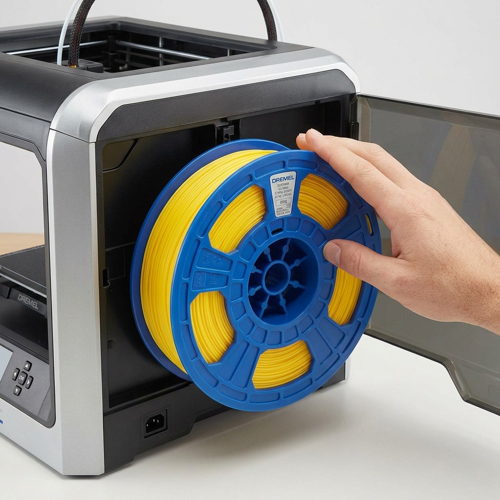 A scale-reference image showing the Dremel yellow filament spool next to an open 3D printer, demonstrating its fit.