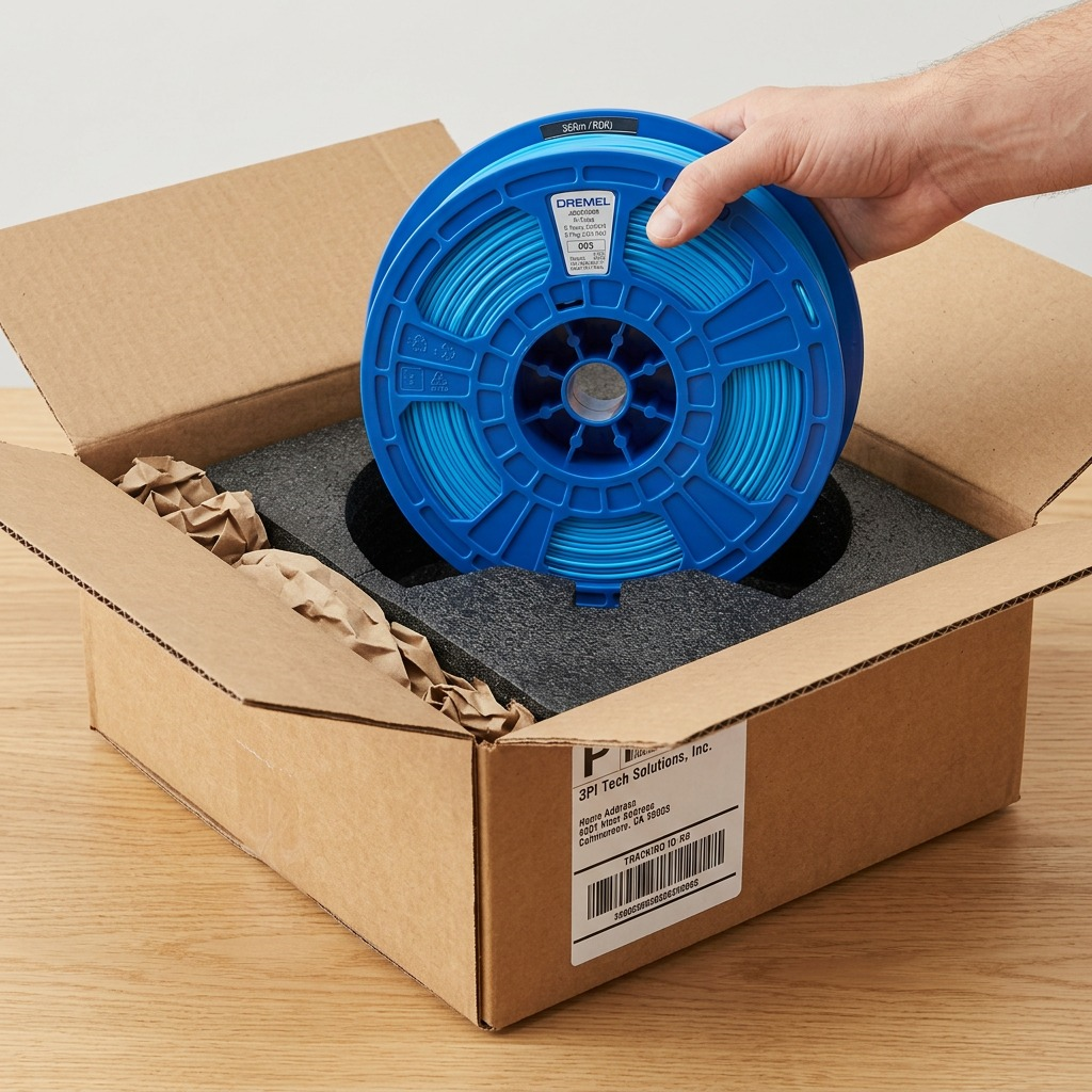 A detailed unboxing view of a blue 3D printer filament spool, safely nested within shock-absorbing foam and a sturdy cardboard delivery box.