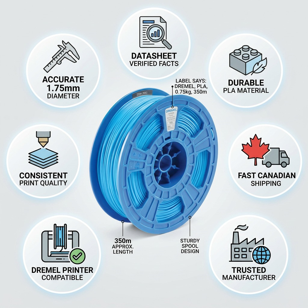 An informative infographic featuring a Dremel blue PLA filament spool, highlighting specs, durability, and fast Canadian shipping.