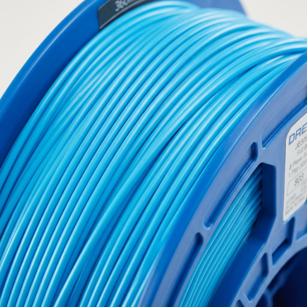 A detailed macro photograph showing the precise texture and 1.75mm diameter of the light-blue PLA filament on a spool, emphasizing quality and uniformity.