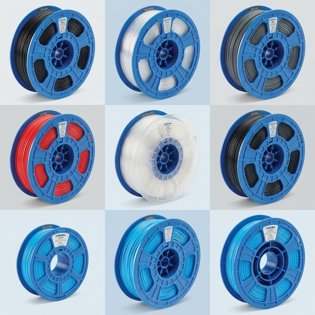 A premium 3x3 ecommerce grid matrix displaying various color and material variants of the exact 3PI Tech Solutions 3D PLA Filament spool.