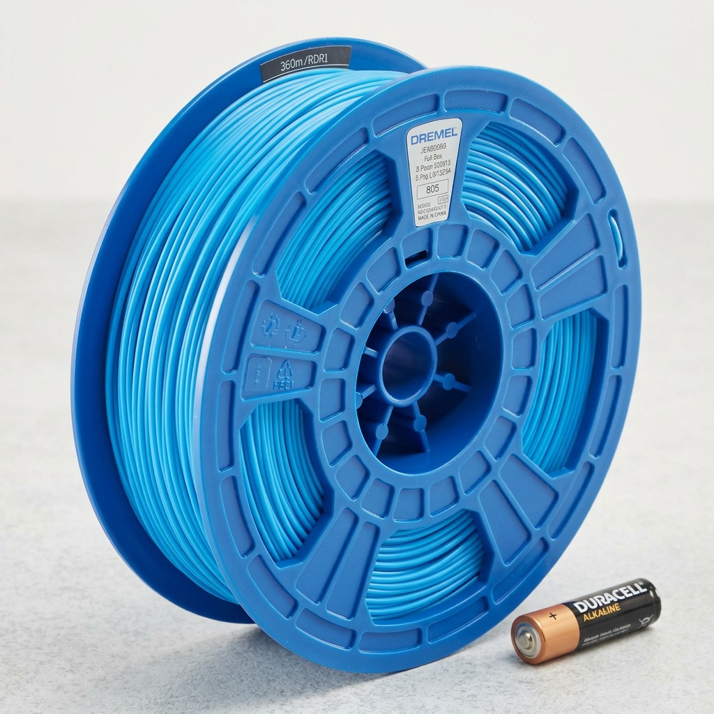 A light blue 3D filament spool is positioned beside a standard red AA battery on a light grey textured background, illustrating its true scale.