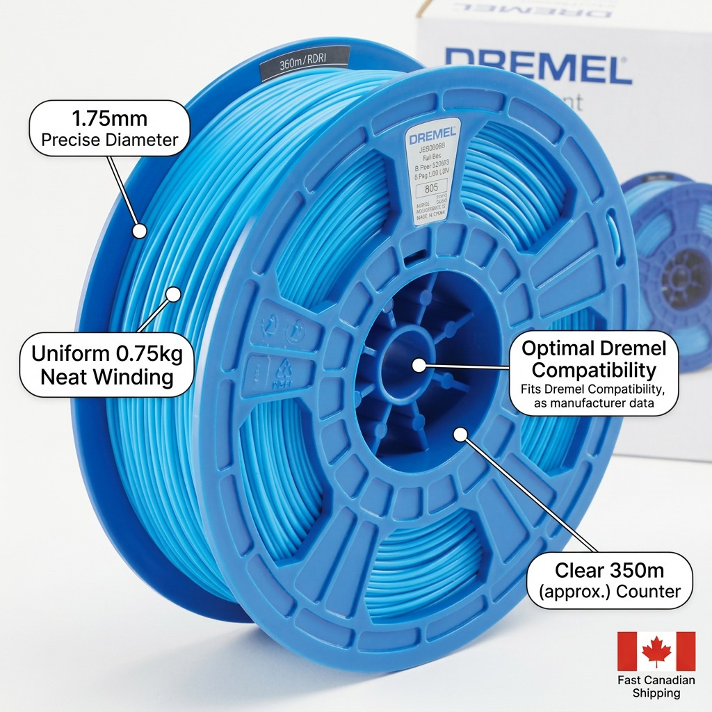 Ecommerce graphic highlighting key features of a 3D printing filament spool, including precise diameter and compatibility.