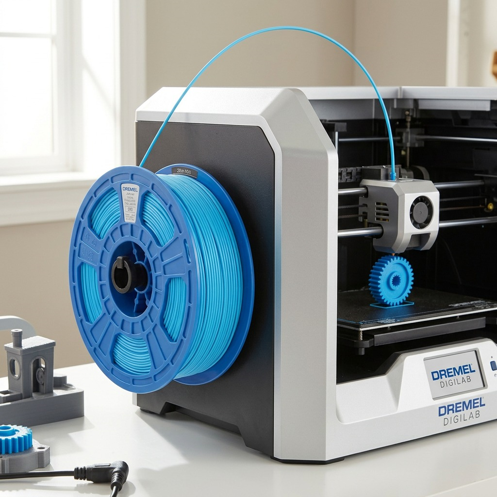 A 3PI Tech Solutions Blue PLA filament spool is shown mounted on a Dremel 3D printer, actively printing a small part. Natural light from a nearby window illuminates the clean workshop environment, with the manufacturer label visible on the side. The image is taken in a realistic, broadly applicable usage environment.