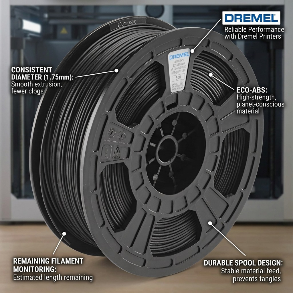 An ecommerce infographic callout image showcasing key features of the Dremel black ECO-ABS 3D filament spool.