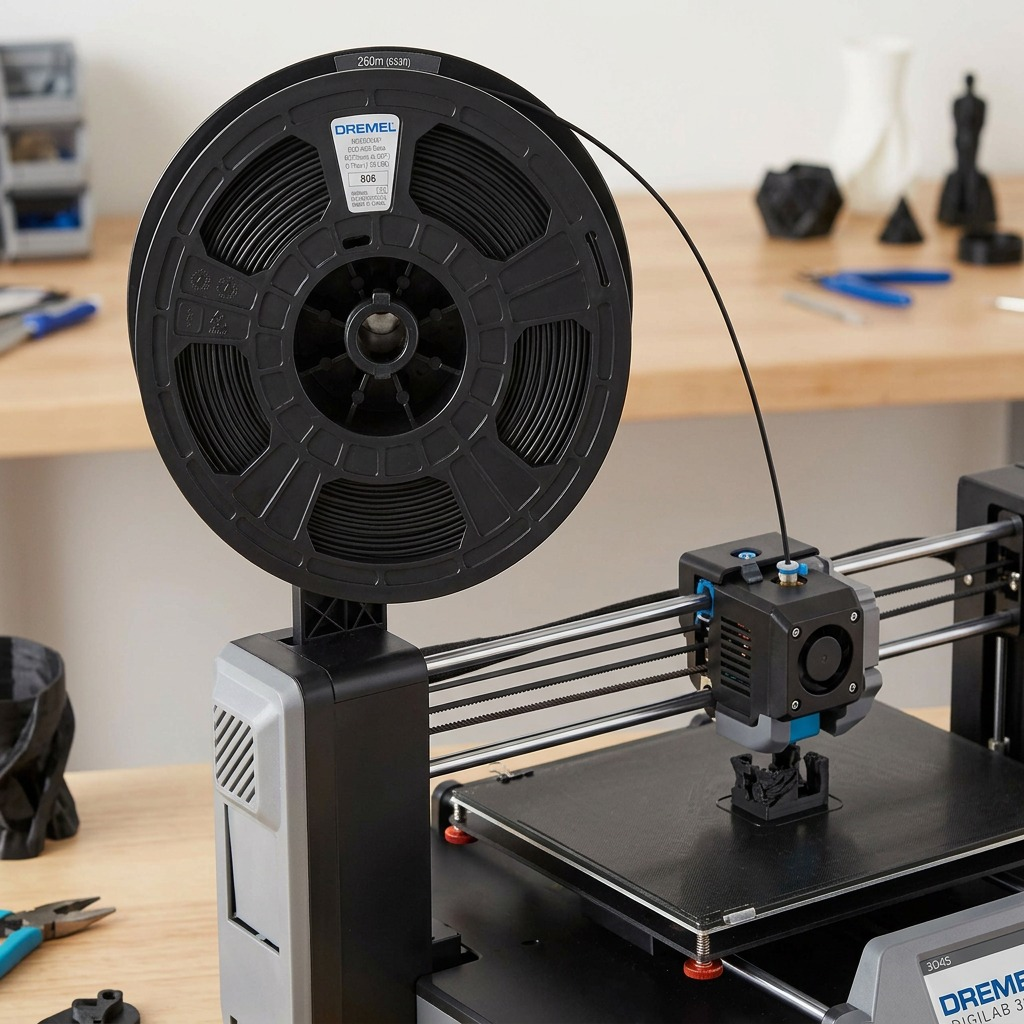 Dremel Eco-ABS filament spool mounted on an active 3D printer in a home workshop, natural lighting.