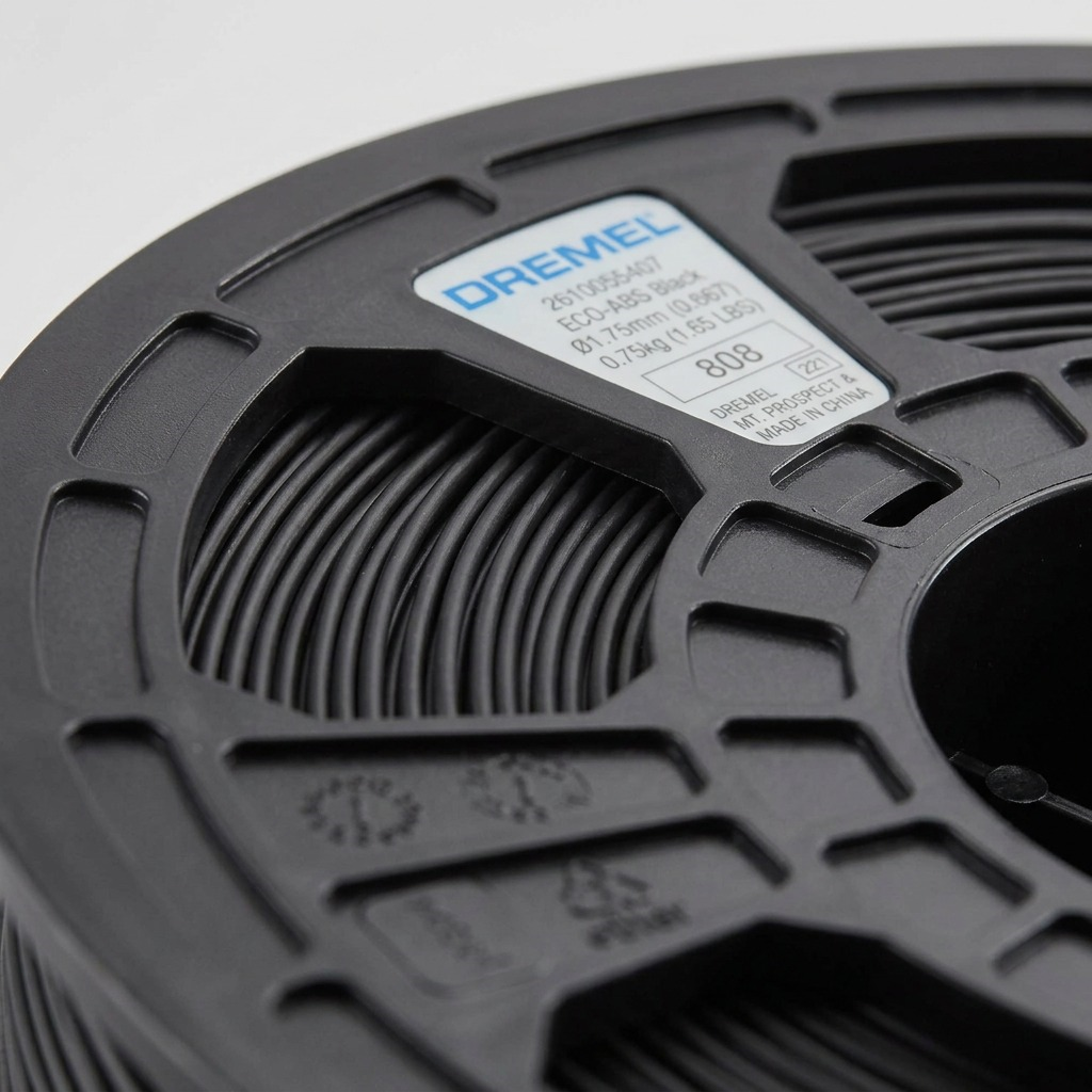 Macro observation image of the Dremel Eco-ABS filament winding, showcasing the diameter and winding quality.