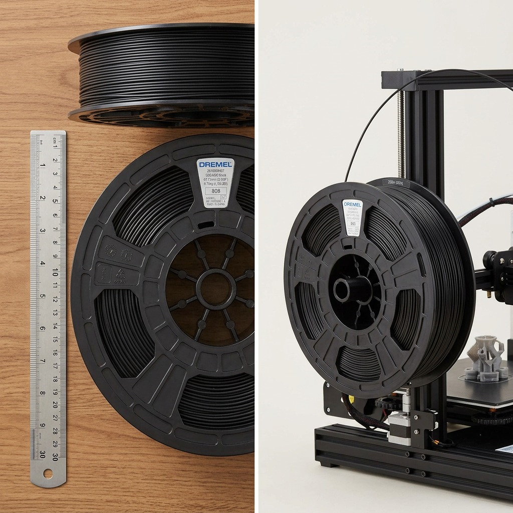 A 3PI Tech Solutions, Inc 3D ECO-ABS Filament Spool is shown mounted in a 3D printer and on a desk next to a caliper, comparing its size to a smartphone and mouse.