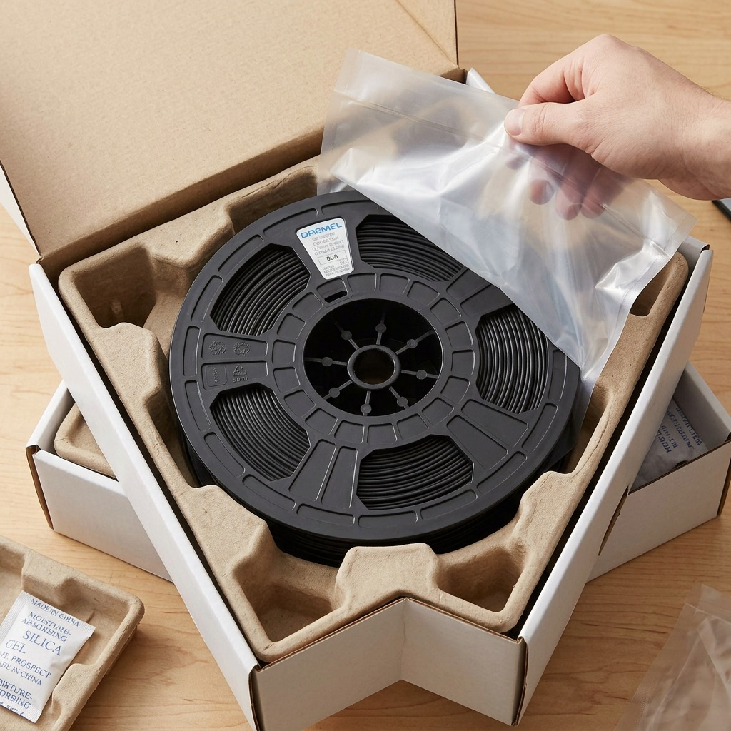 Unboxing a secure DREMEL ECO-ABS filament spool from protective cardboard packaging and static bag.
