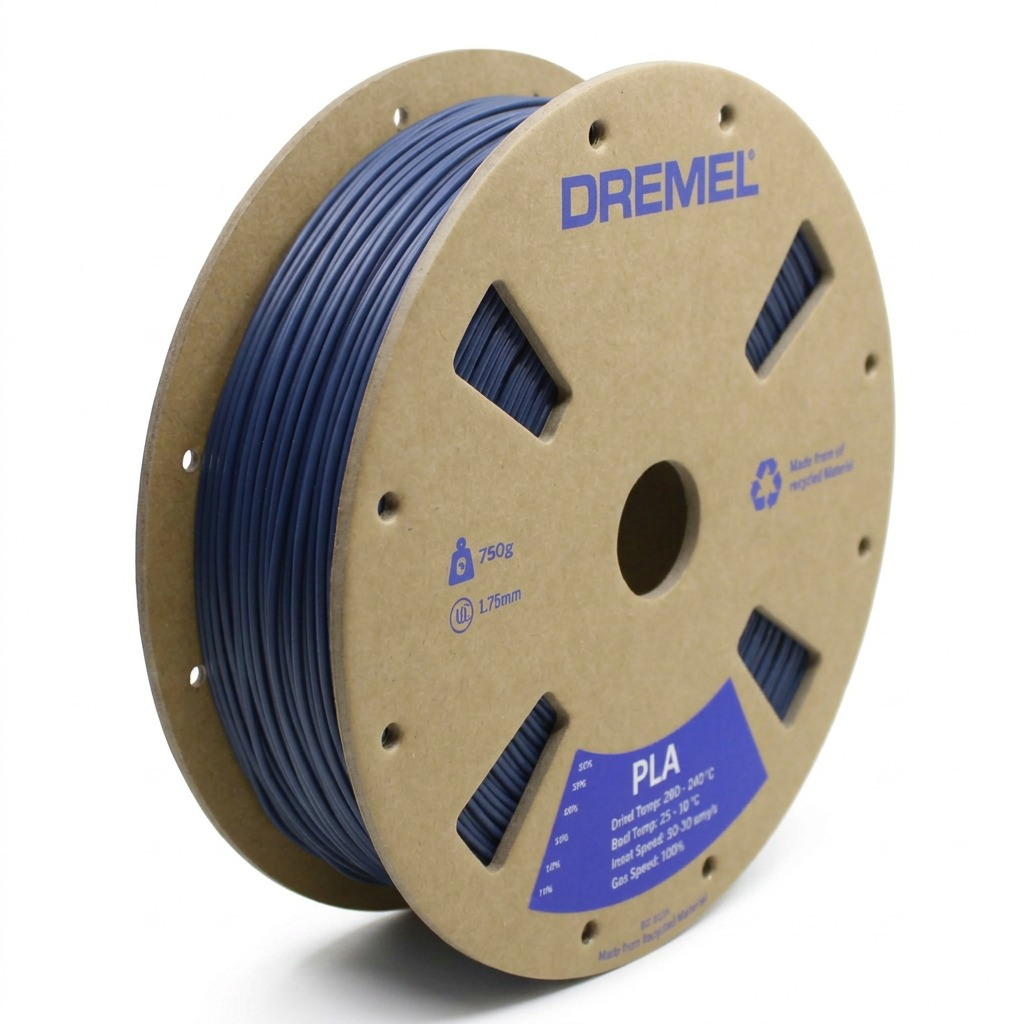 A premium, high-resolution hero shot of a Dremel PLA navy blue 1.75mm 3D printing filament spool.