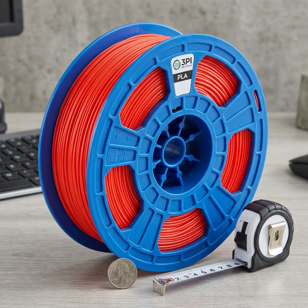 Red 3PI Tech filament spool on a desk shown for scale beside a tape measure, coin, and keyboard.