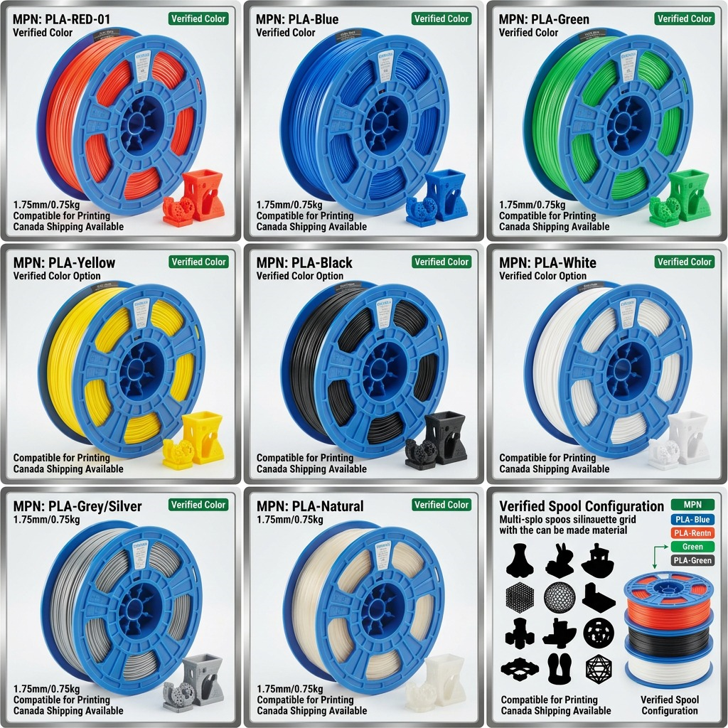 Grid showing Dremel DigiLab 1.75mm PLA filament spools in red, blue, green, yellow, black, and white.
