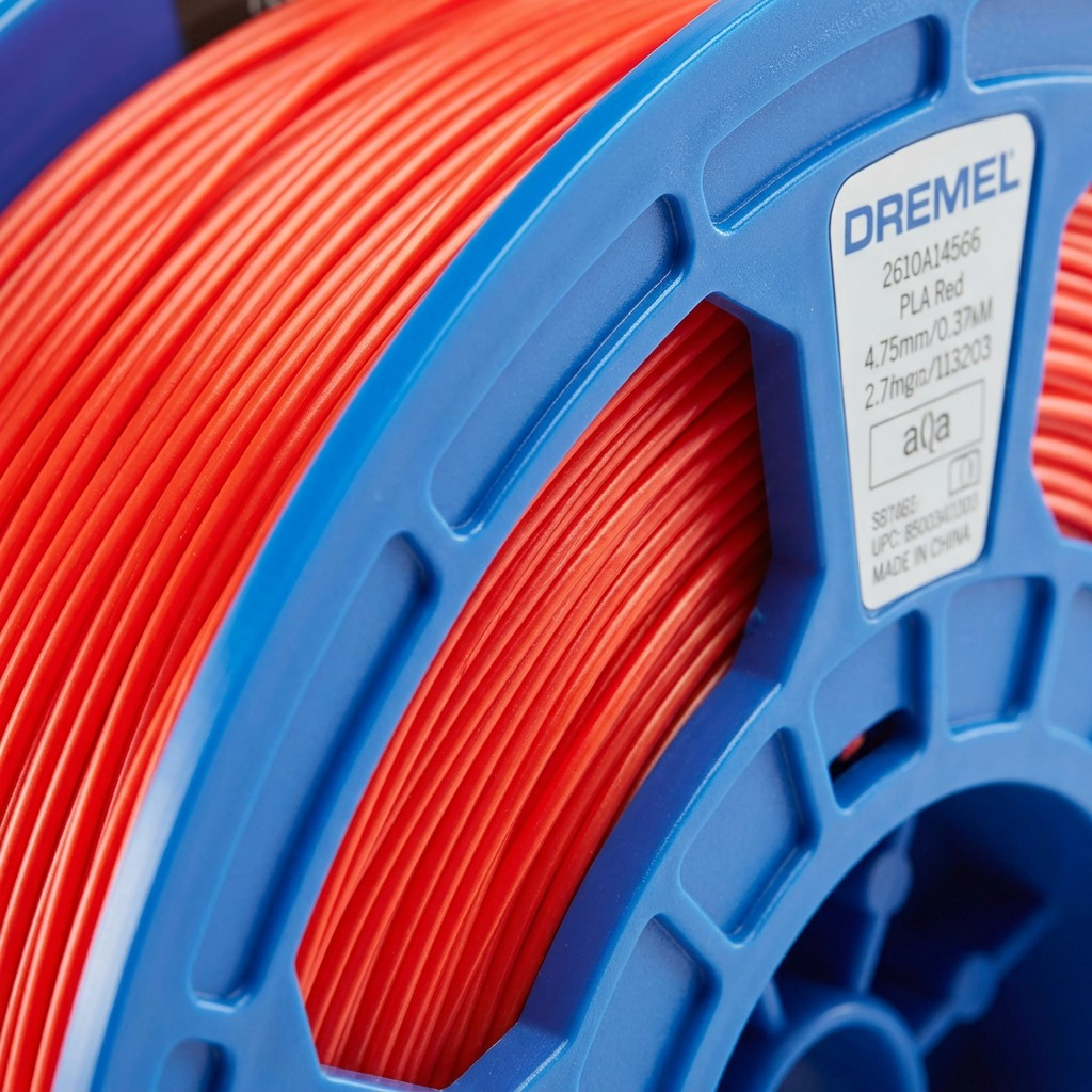 Macro detail of Dremel DigiLab red 1.75mm PLA filament neatly wound on a blue RFID-enabled spool.