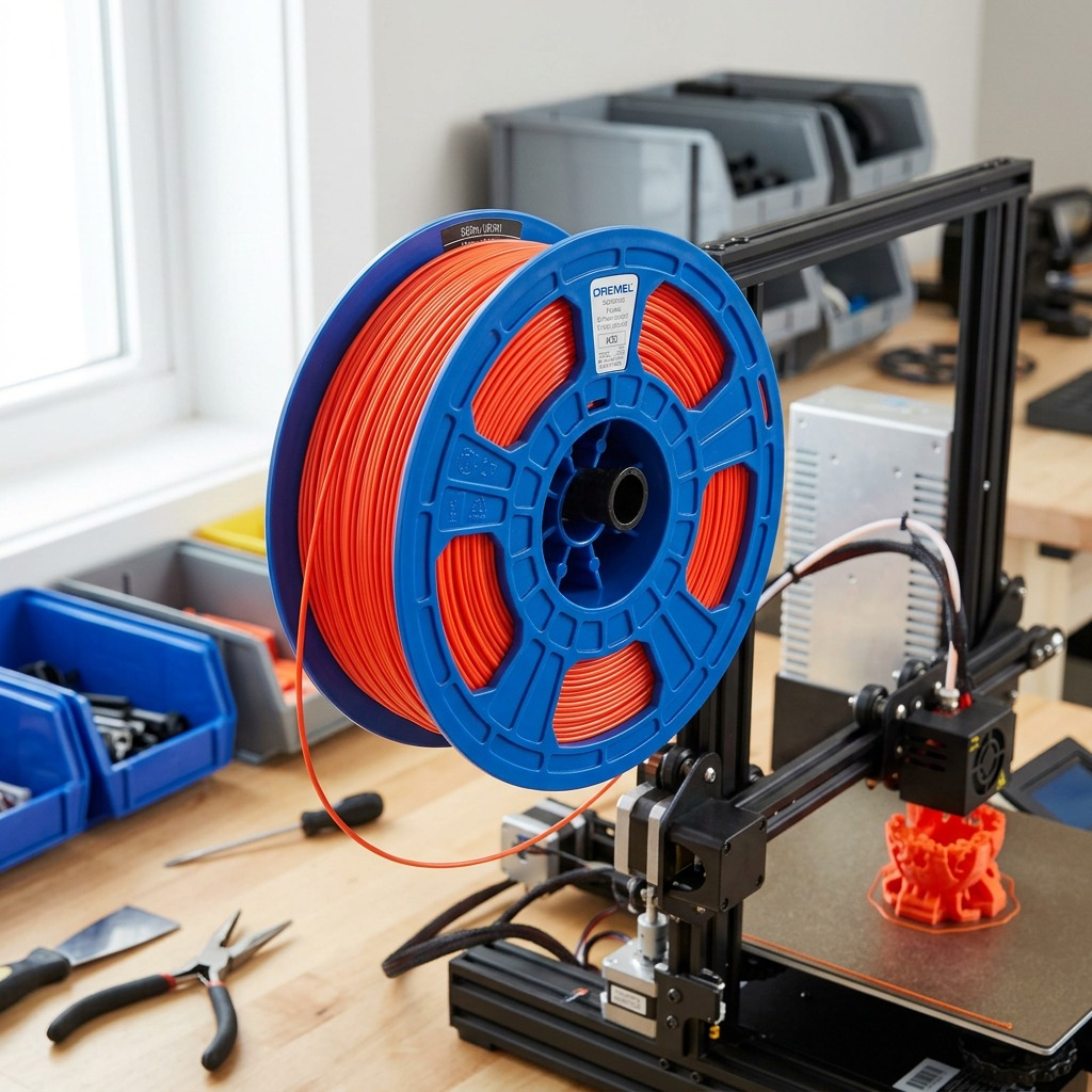 Red Dremel DigiLab 1.75mm PLA filament spool on a 3D printer in a workshop setting.
