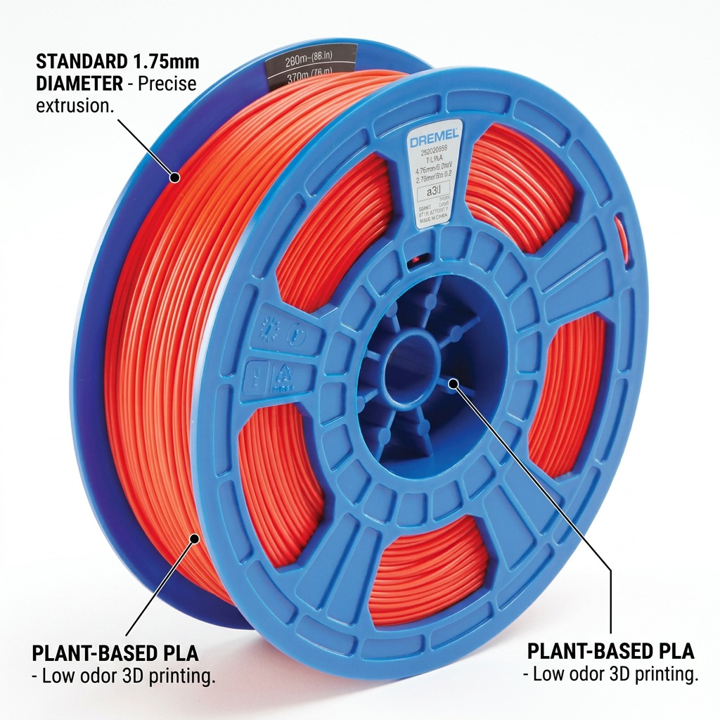 Dremel red PLA filament spool with callouts for 1.75mm diameter and low-odor plant-based material.