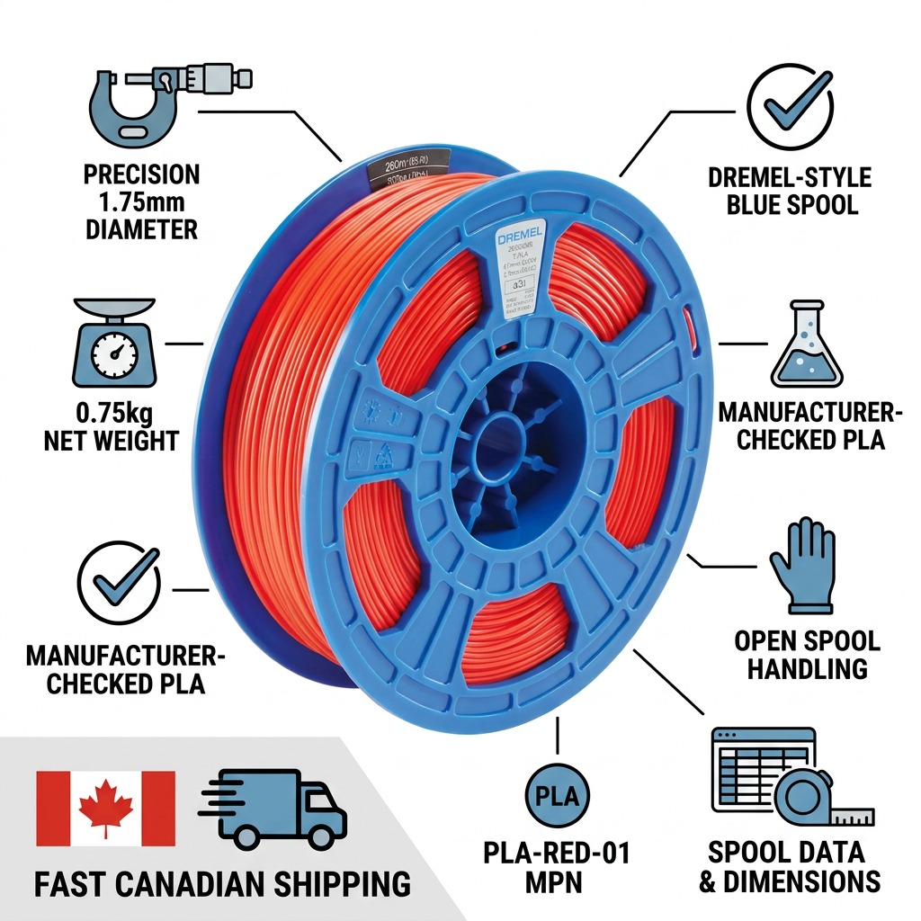 Dremel-style 1.75mm red PLA filament spool infographic with technical specs and fast Canadian shipping.