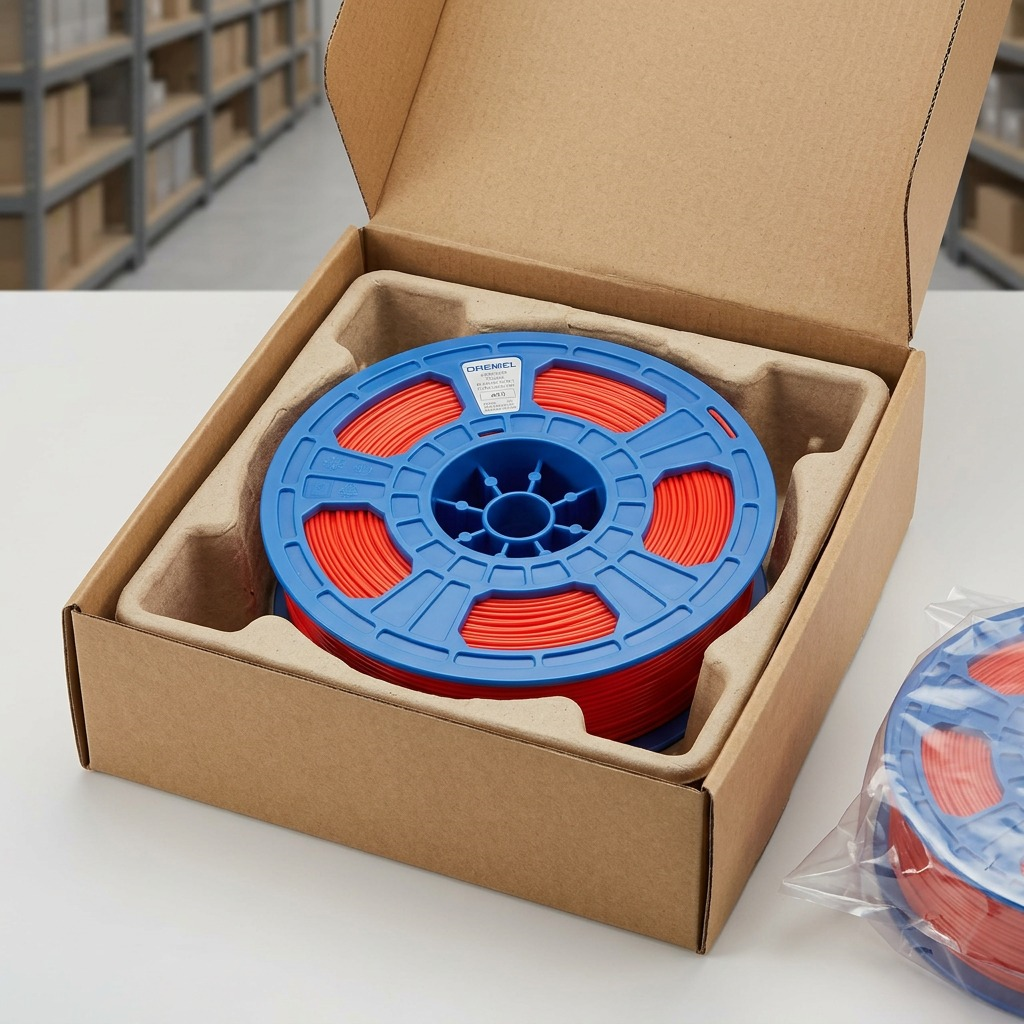 A spool of red 1.75mm PLA filament for Dremel DigiLab, securely packed in a protective shipping box.