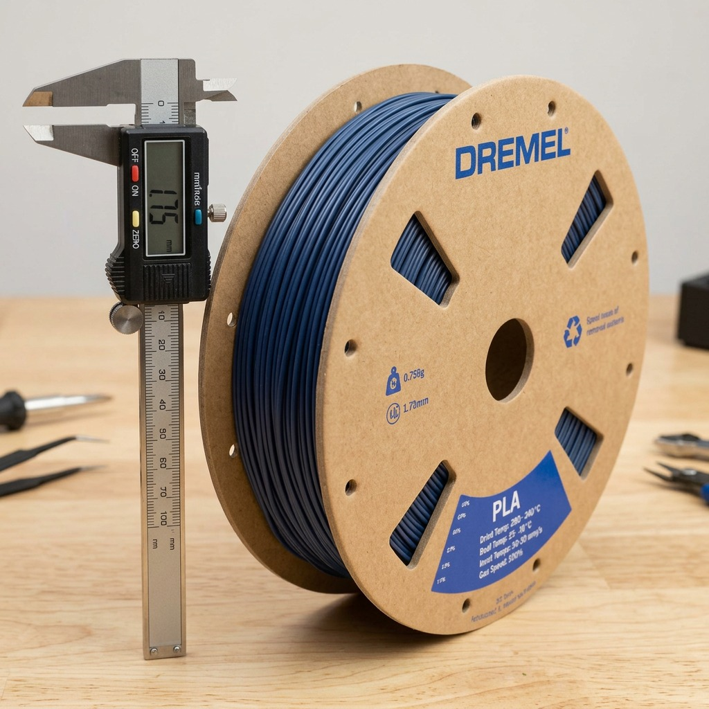 Digital caliber and spool show 1.75mm measurement on wooden table.