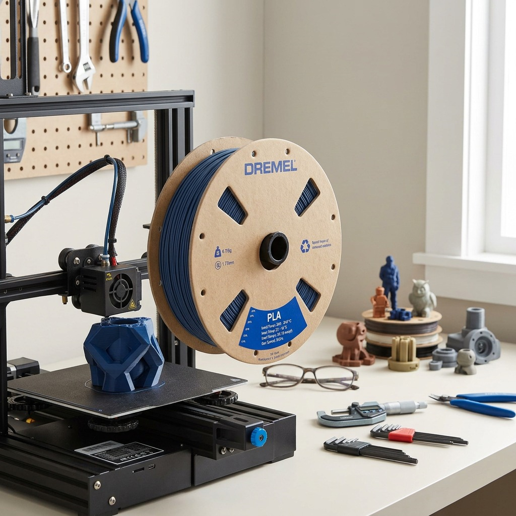 A close-up photograph shows the Dremel Matte Navy Blue PLA filament spool from the reference image, without packaging, on the spool holder of a desktop 3D printer. A realistic test print is mid-build, lit by natural daylight in a home workshop setting.
