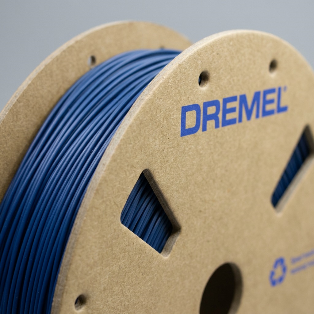 Macro photograph of matte navy blue 3D filament on a recycled cardboard spool, focusing on texture and material indicators.