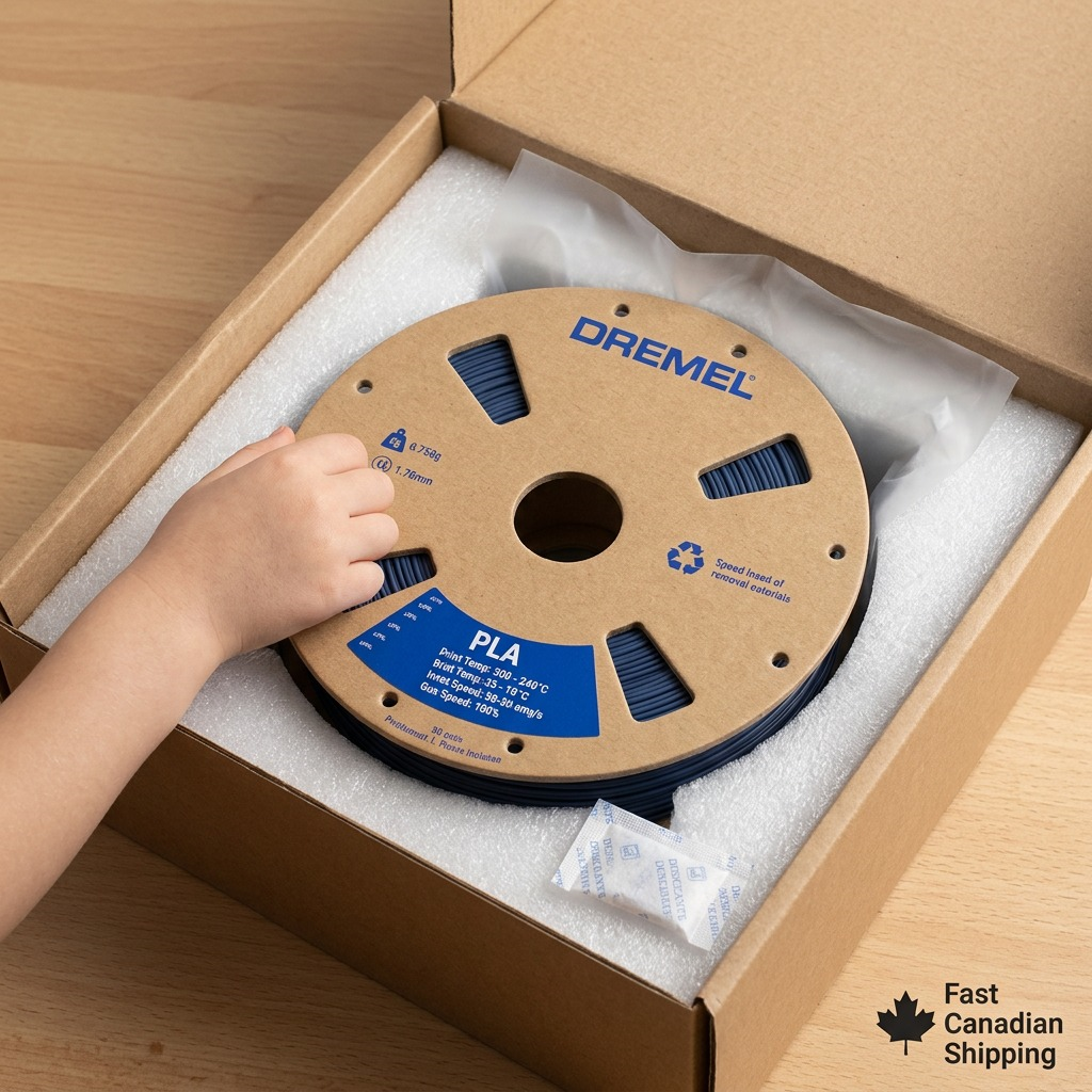A premium unboxing view of a Matte Navy Blue Dremel PLA filament spool in protective packaging with Canadian branding.