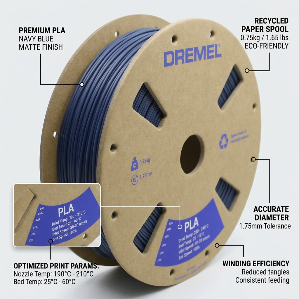 A detailed look at the 3D PLA Filament Spool with callouts highlighting its key features and technical specifications, including the matte navy blue filament, recycled spool material, and specific printing parameters.