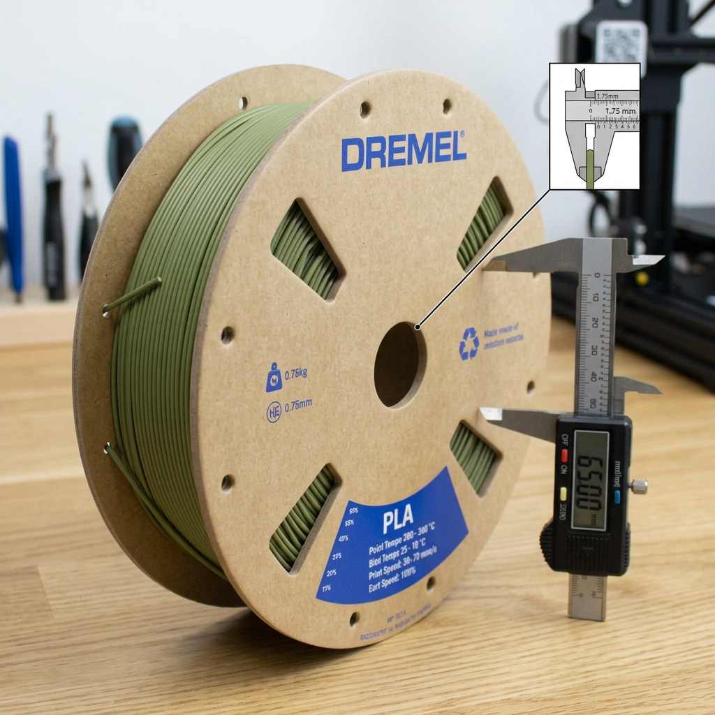 A spool of Dremel Matte Olive Green PLA filament next to a standard 1.75mm caliper, demonstrating spool diameter and filament thickness visually.